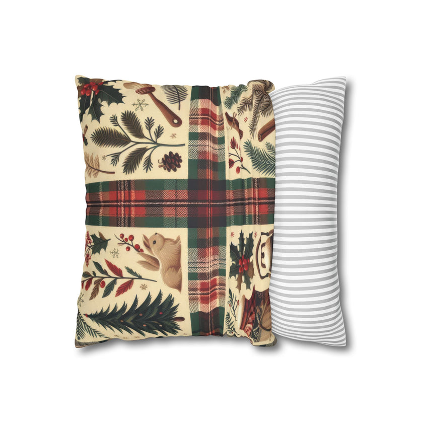 Rustic Holiday Plaid Pillowcase — Winter Woodland Faux Suede Throw Pillow Cover