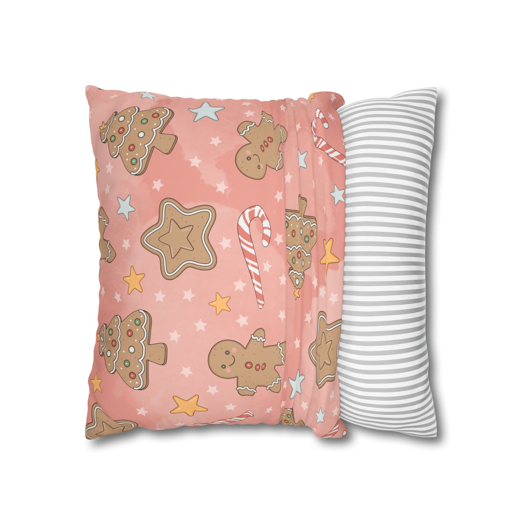 Gingerbread Cookies Pink Holiday Throw Pillow Cover — Faux Suede Square Pillowcase