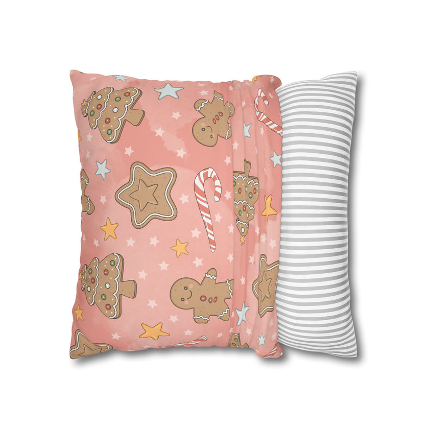 Gingerbread Cookies Pink Holiday Throw Pillow Cover — Faux Suede Square Pillowcase