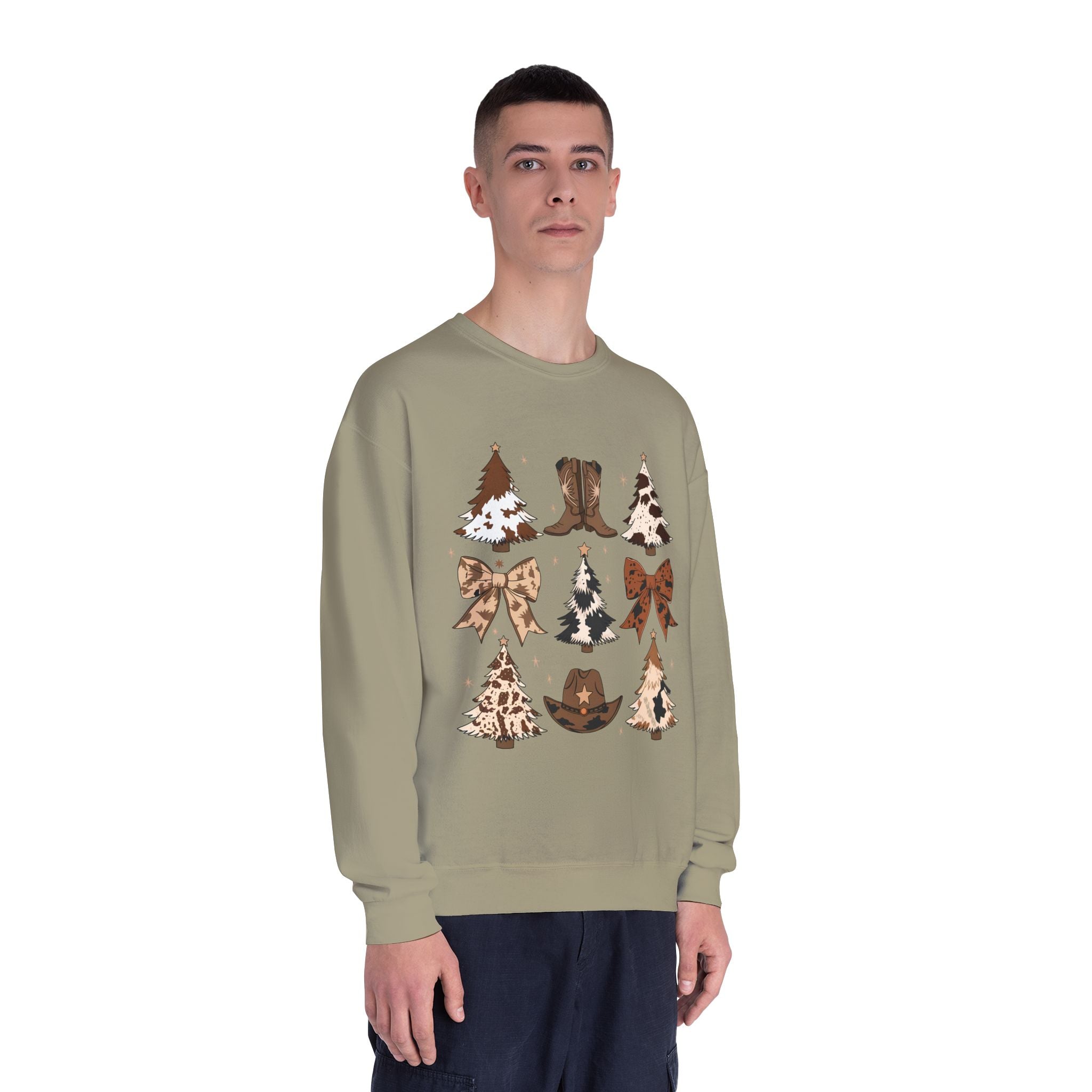 Christmas Cowboy/Cowgirl Sweatshirt — Western Cowhide Trees & Boots Holiday Crewneck