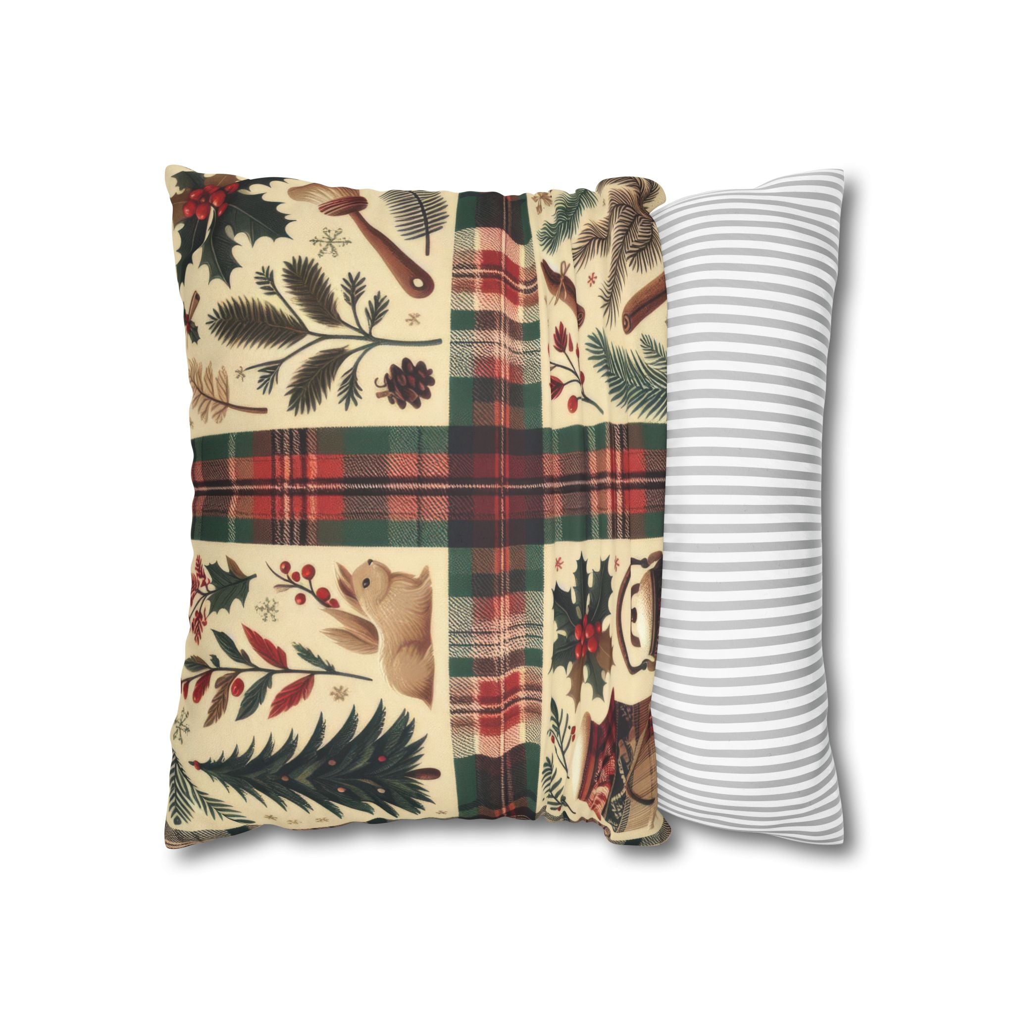 Rustic Holiday Plaid Pillowcase — Winter Woodland Faux Suede Throw Pillow Cover