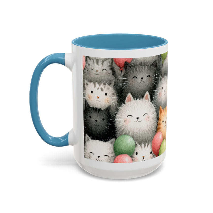 Cute Cat Pattern Accent Coffee Mug — Happy Kittens with Balloons (11/15 oz)