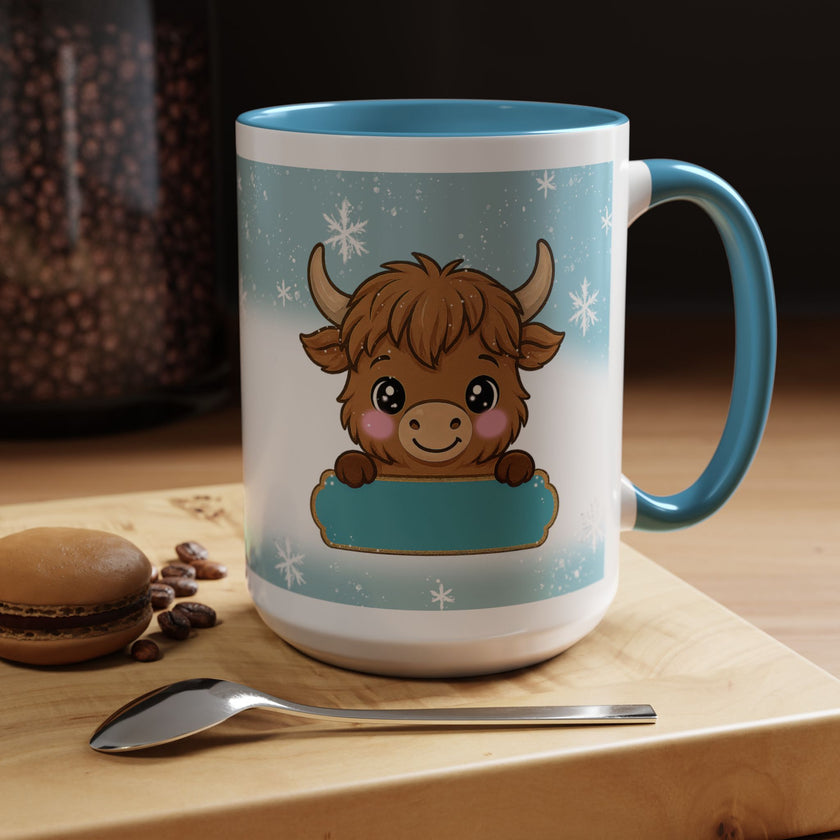 Cute Highland Cow Accent Coffee Mug — Winter Snowflake Design
