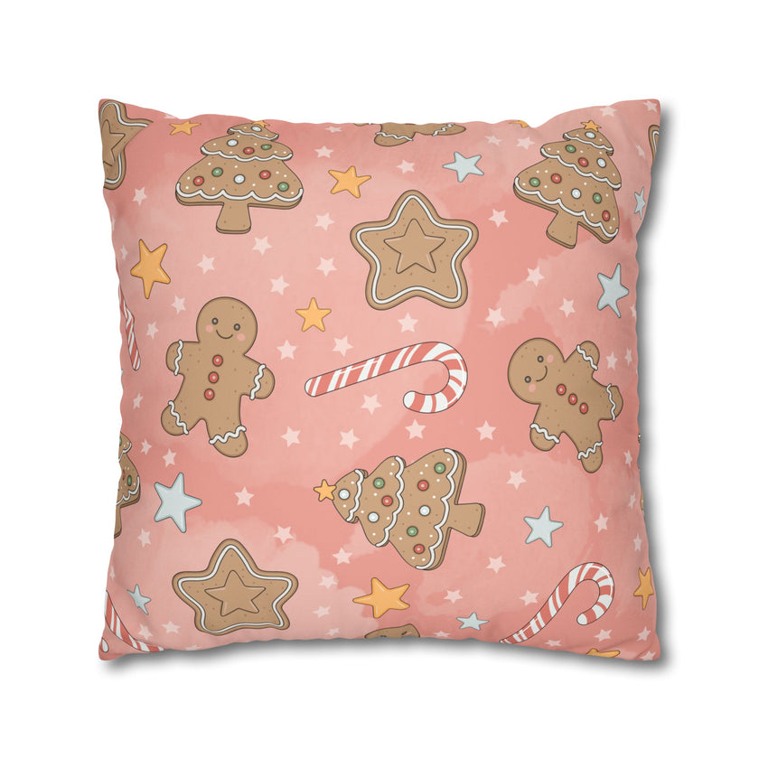 Gingerbread Cookies Pink Holiday Throw Pillow Cover — Faux Suede Square Pillowcase