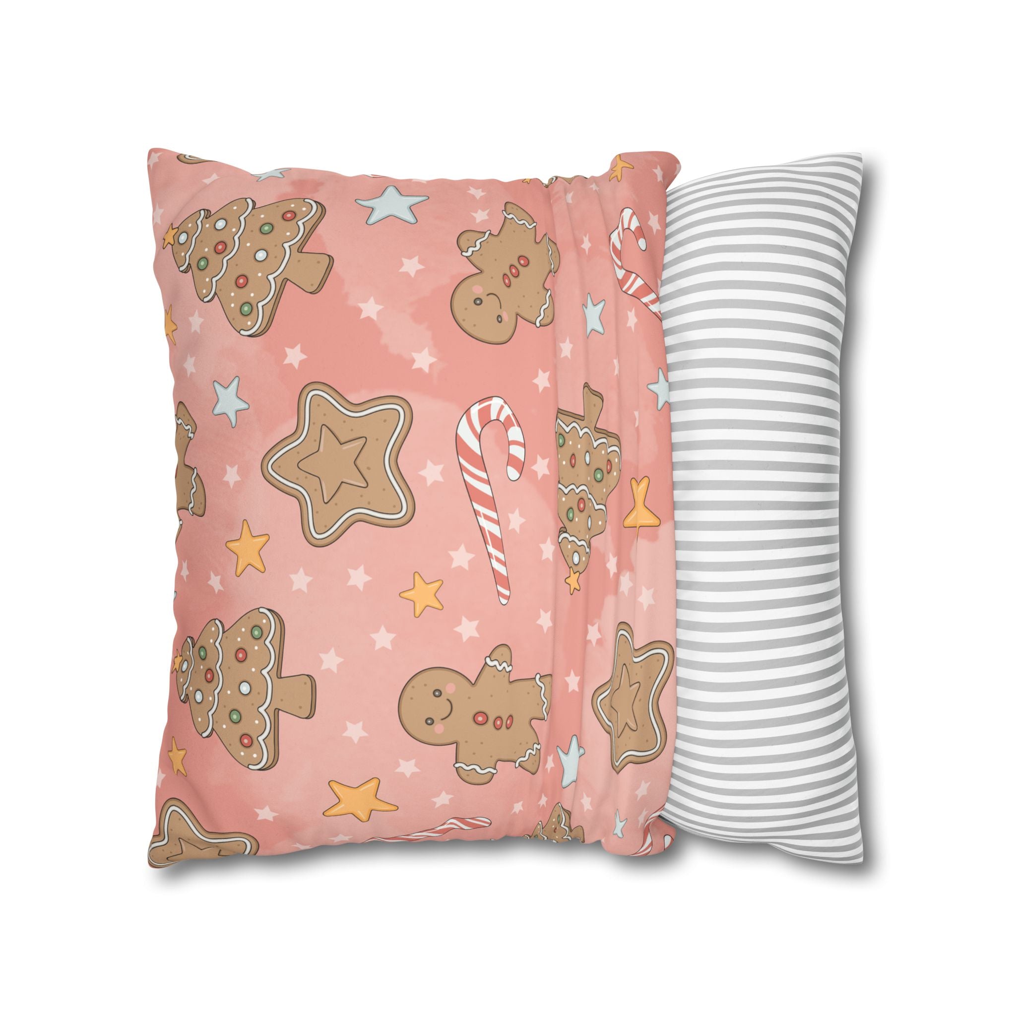 Gingerbread Cookies Pink Holiday Throw Pillow Cover — Faux Suede Square Pillowcase