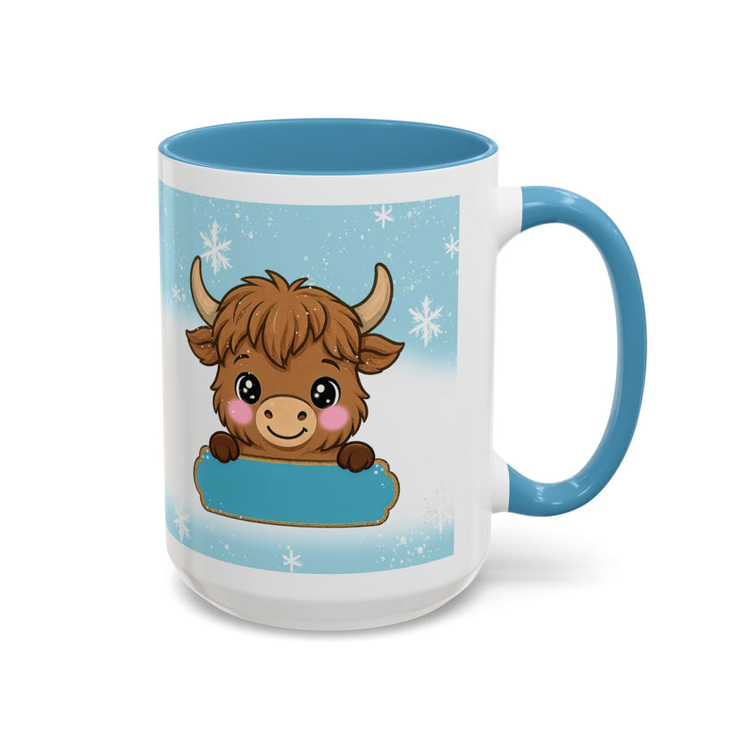 Cute Highland Cow Accent Coffee Mug — Winter Snowflake Design