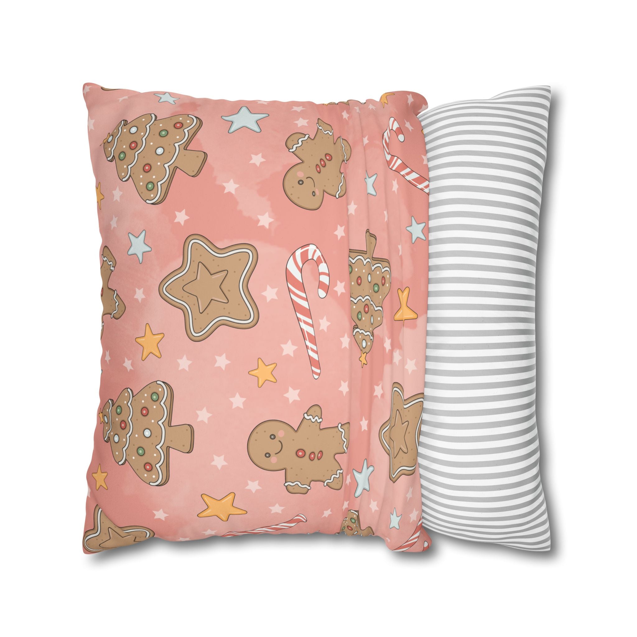 Gingerbread Cookies Pink Holiday Throw Pillow Cover — Faux Suede Square Pillowcase