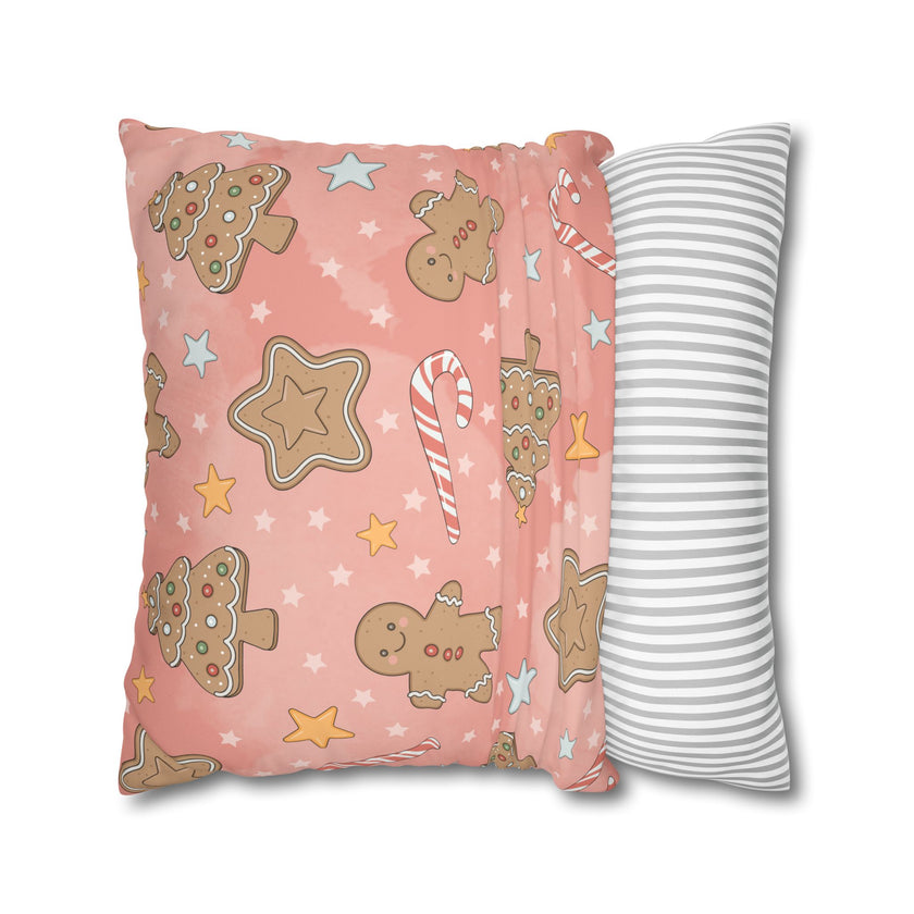 Gingerbread Cookies Pink Holiday Throw Pillow Cover — Faux Suede Square Pillowcase