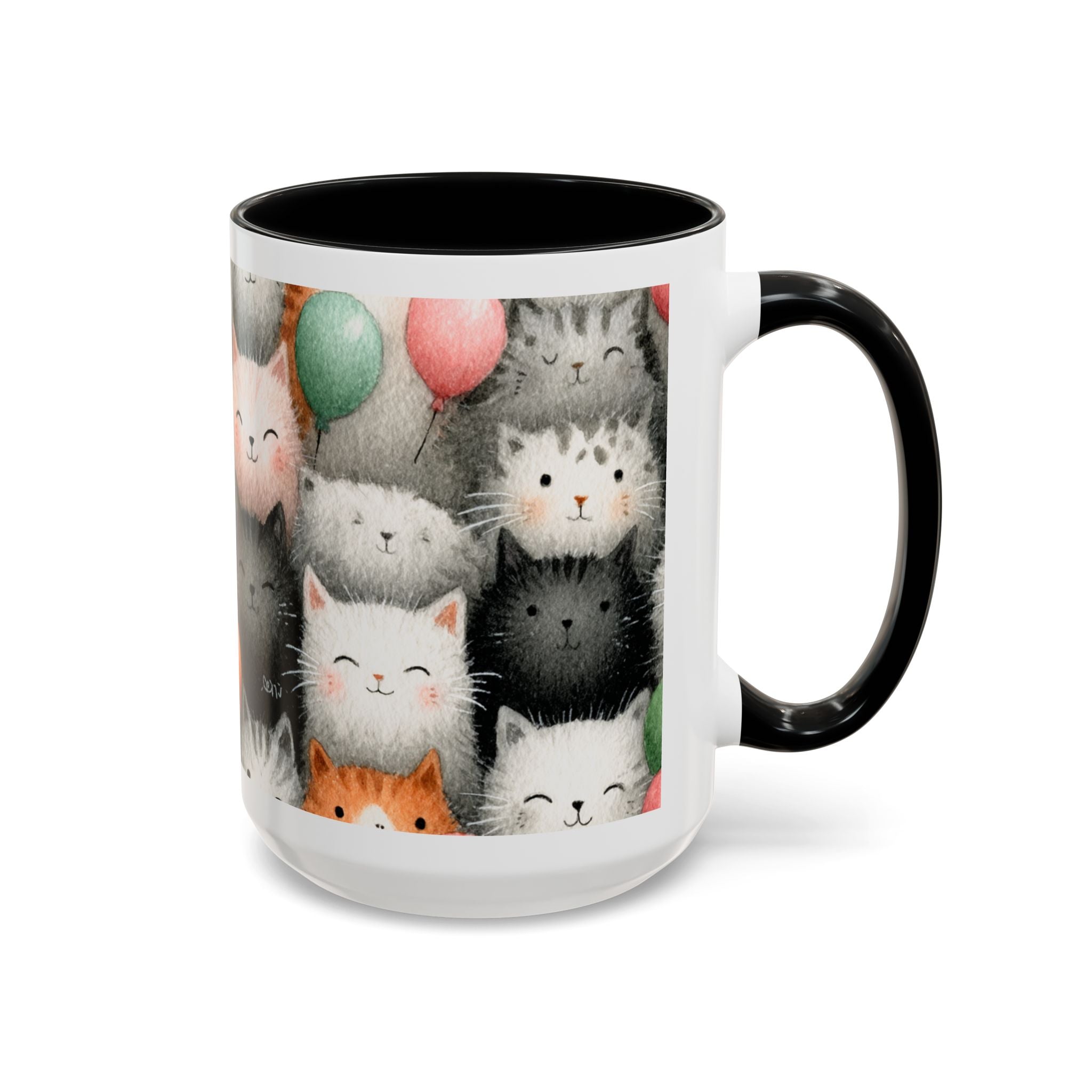 Cute Cat Pattern Accent Coffee Mug — Happy Kittens with Balloons (11/15 oz)