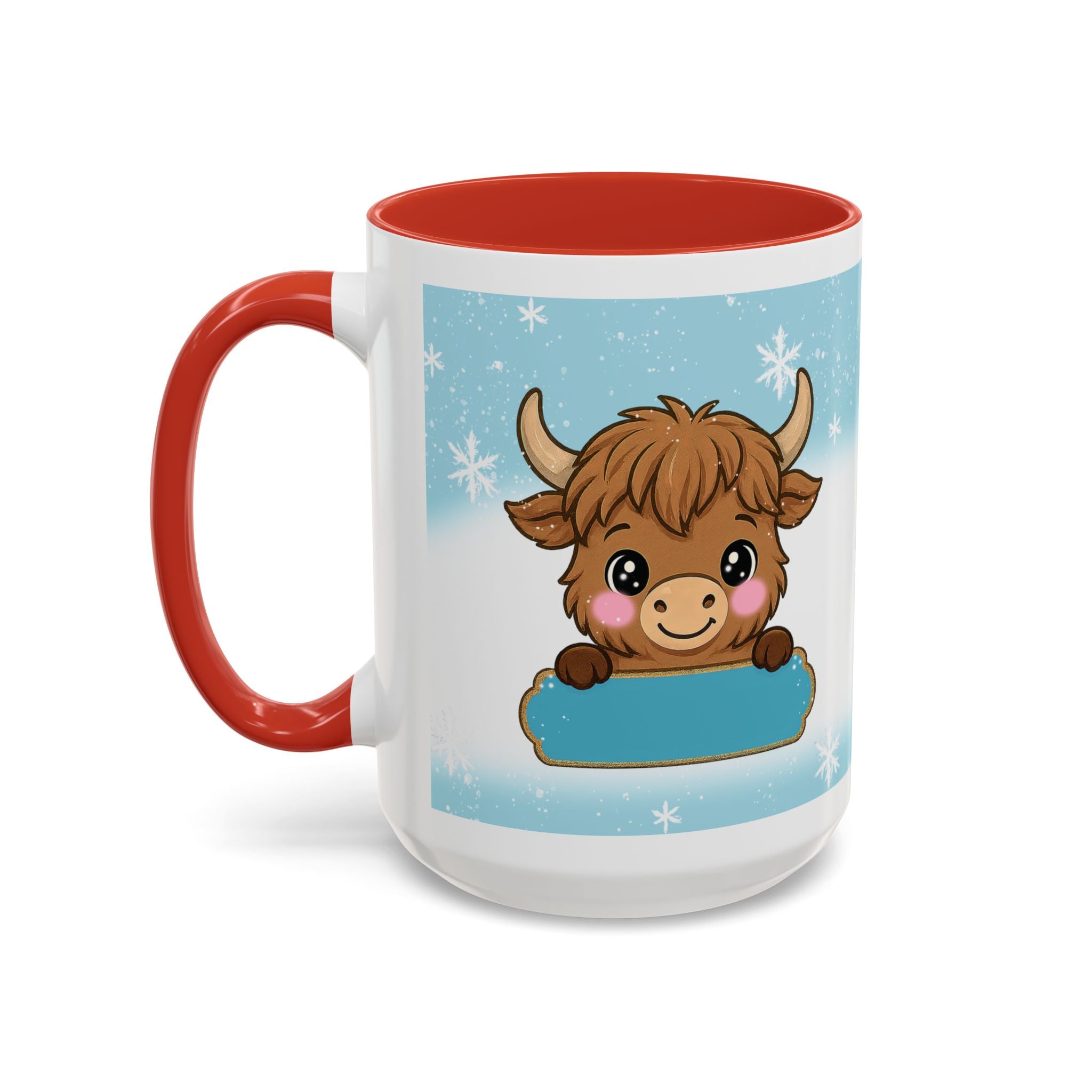 Cute Highland Cow Accent Coffee Mug — Winter Snowflake Design