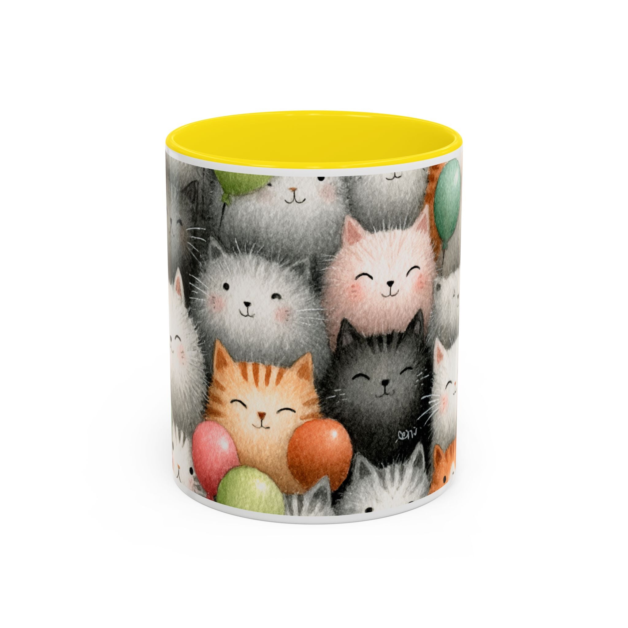 Cute Cat Pattern Accent Coffee Mug — Happy Kittens with Balloons (11/15 oz)