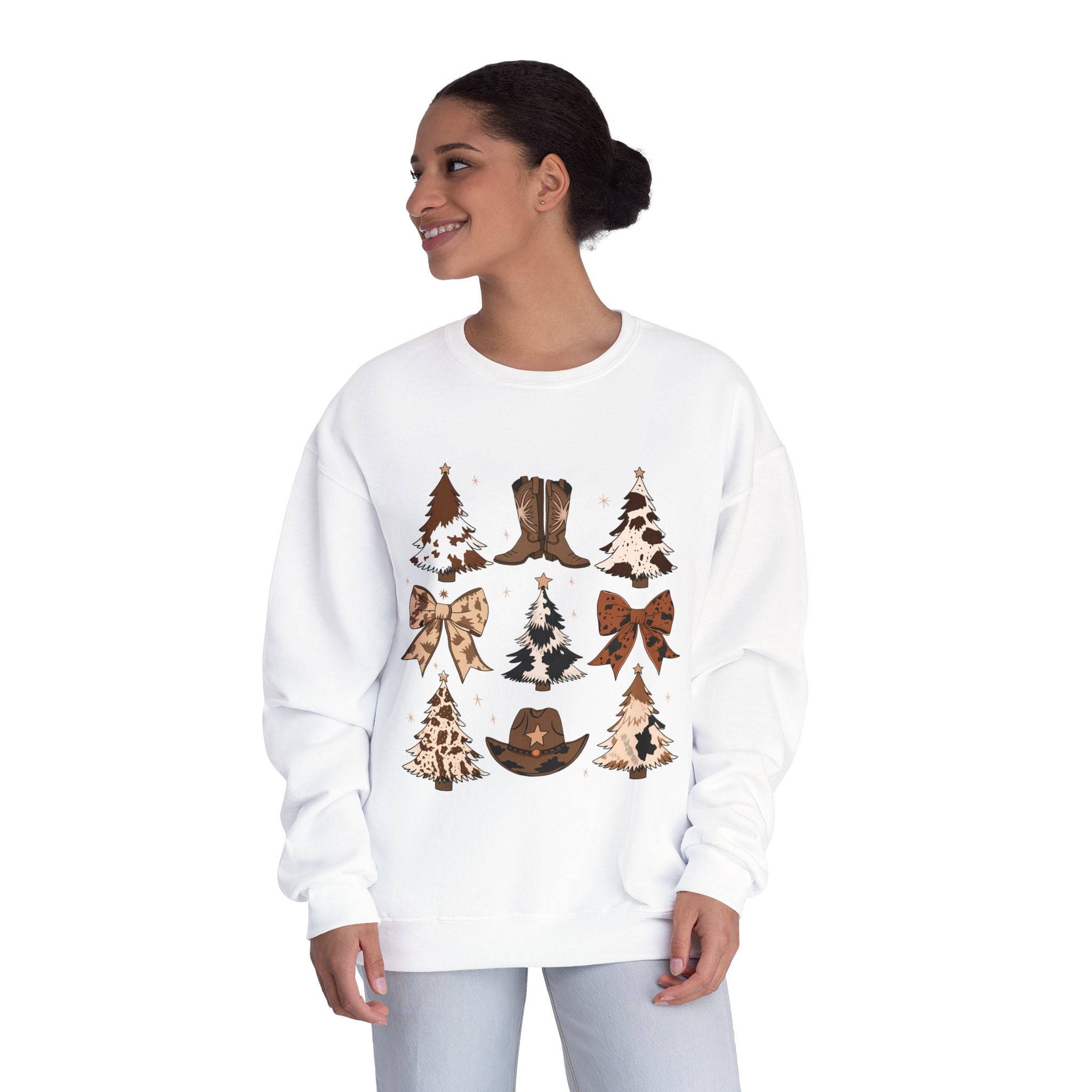 Christmas Cowboy/Cowgirl Sweatshirt — Western Cowhide Trees & Boots Holiday Crewneck