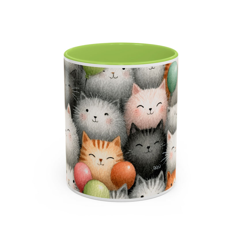 Cute Cat Pattern Accent Coffee Mug — Happy Kittens with Balloons (11/15 oz)