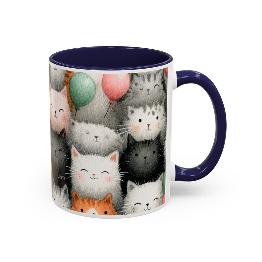 Cute Cat Pattern Accent Coffee Mug — Happy Kittens with Balloons (11/15 oz)