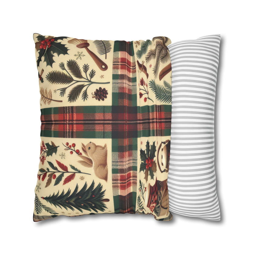 Rustic Holiday Plaid Pillowcase — Winter Woodland Faux Suede Throw Pillow Cover