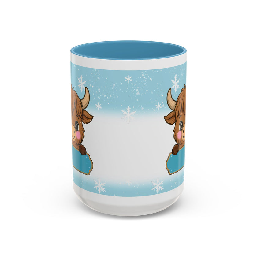 Cute Highland Cow Accent Coffee Mug — Winter Snowflake Design