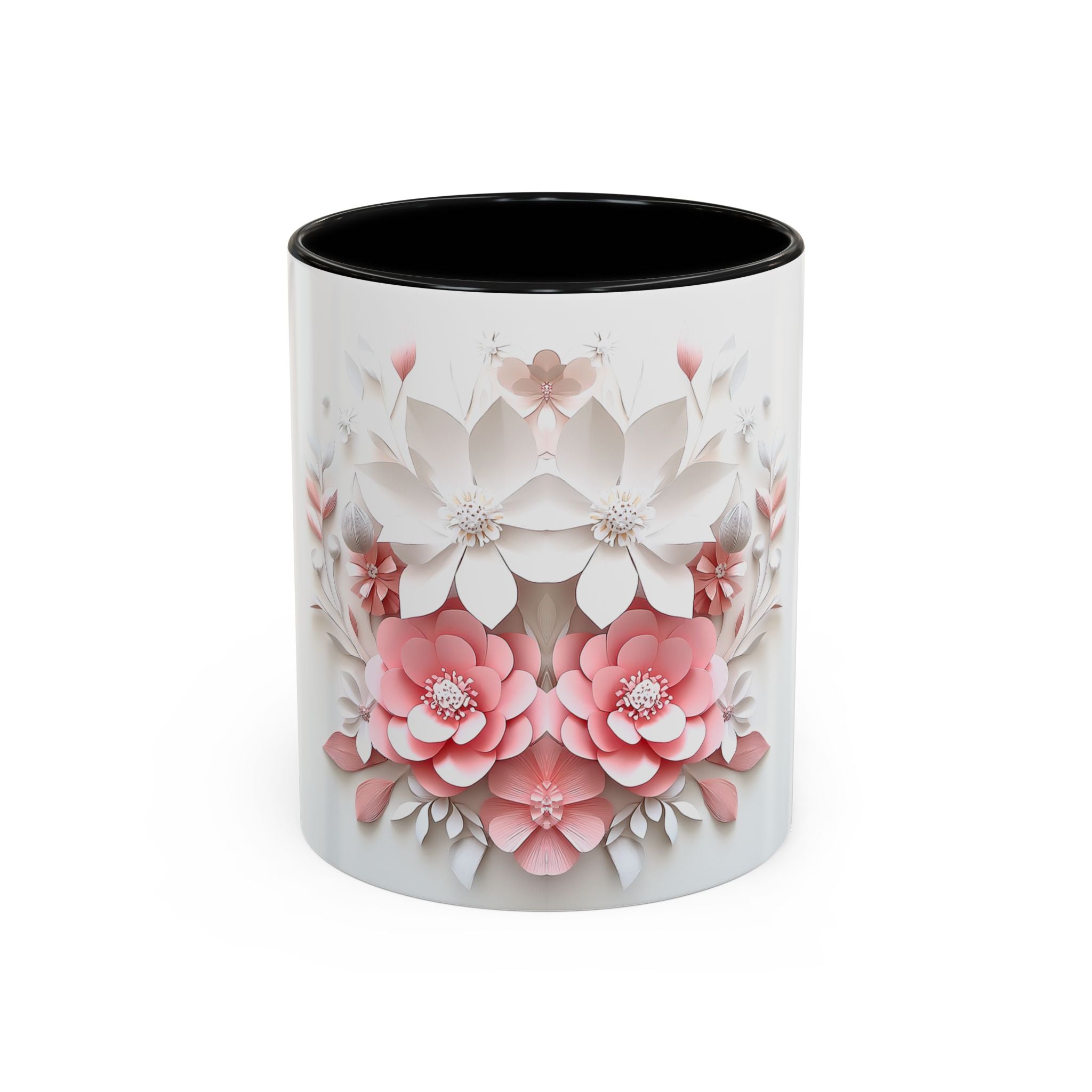 Floral Paper-Cut Accent Coffee Mug — Pink & White Blossom Design (11/15 oz)