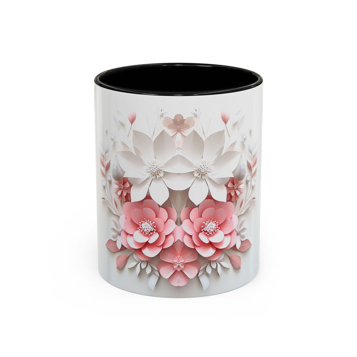 Floral Paper-Cut Accent Coffee Mug — Pink & White Blossom Design (11/15 oz)
