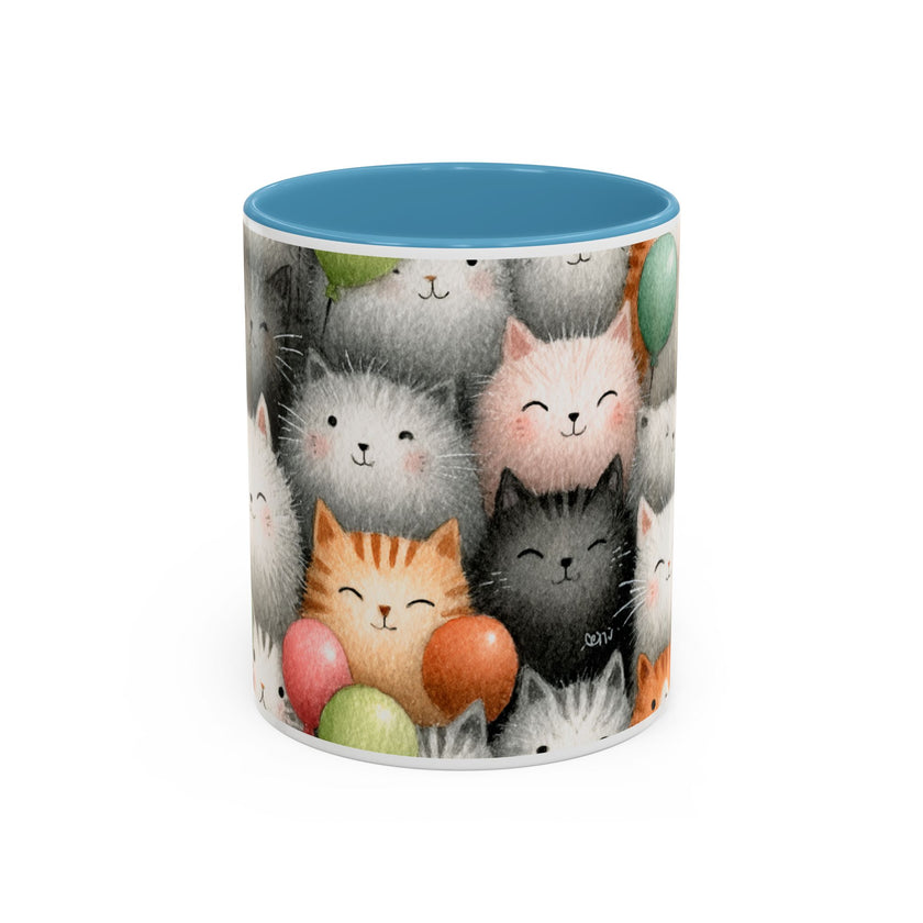 Cute Cat Pattern Accent Coffee Mug — Happy Kittens with Balloons (11/15 oz)