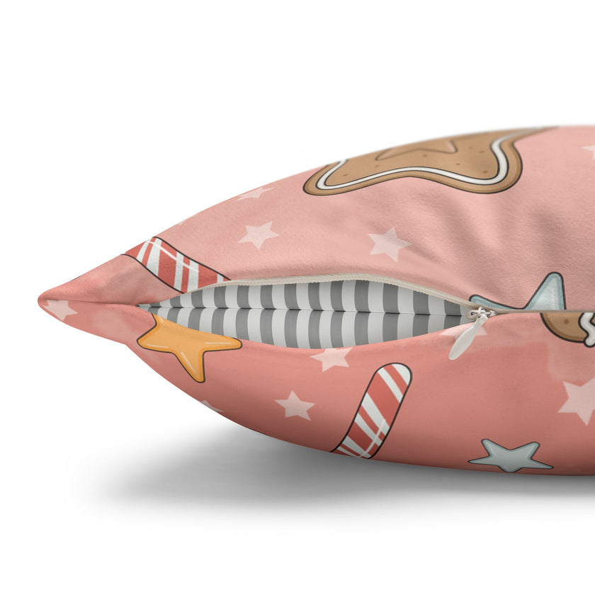 Gingerbread Cookies Pink Holiday Throw Pillow Cover — Faux Suede Square Pillowcase