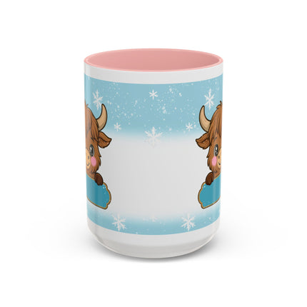 Cute Highland Cow Accent Coffee Mug — Winter Snowflake Design