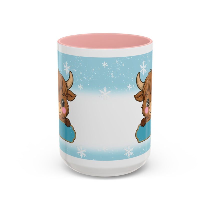 Cute Highland Cow Accent Coffee Mug — Winter Snowflake Design