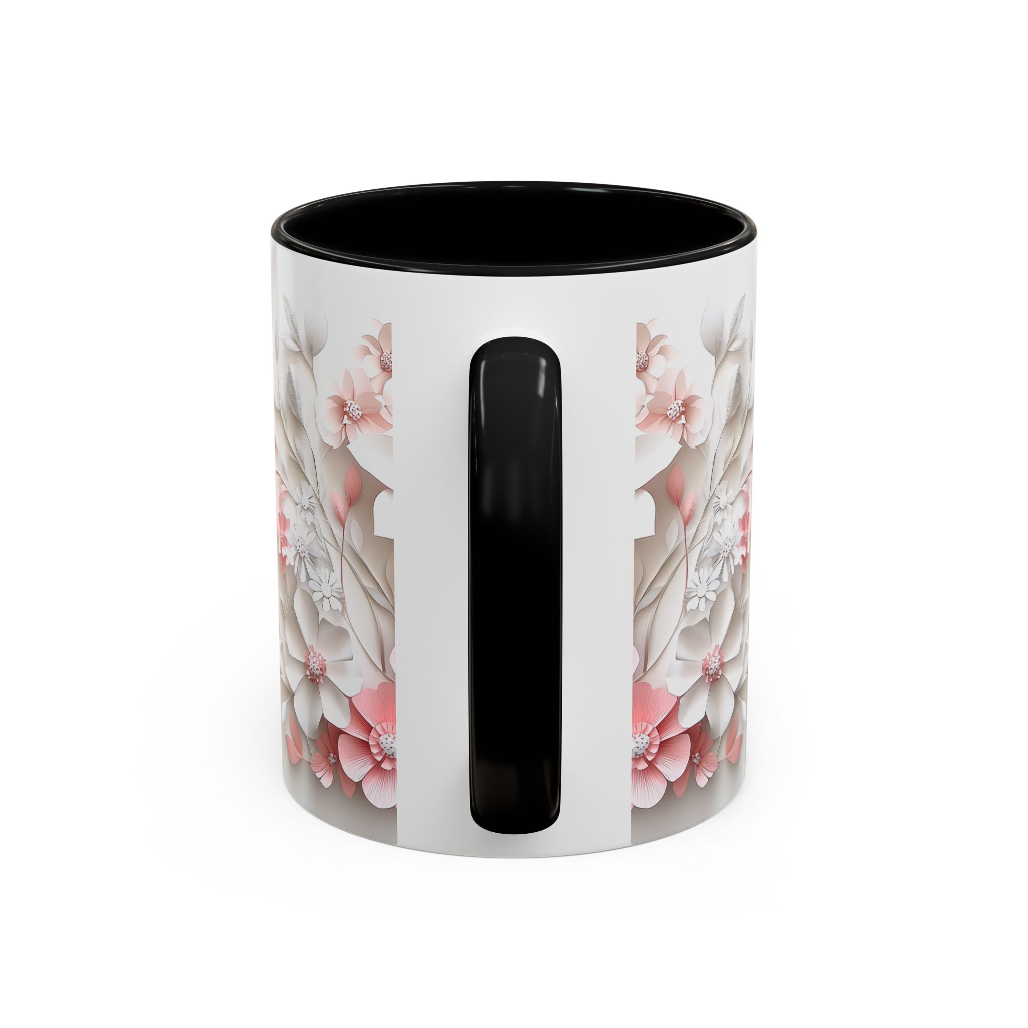 Floral Paper-Cut Accent Coffee Mug — Pink & White Blossom Design (11/15 oz)