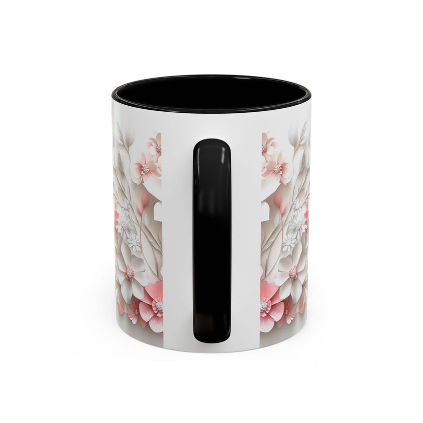 Floral Paper-Cut Accent Coffee Mug — Pink & White Blossom Design (11/15 oz)