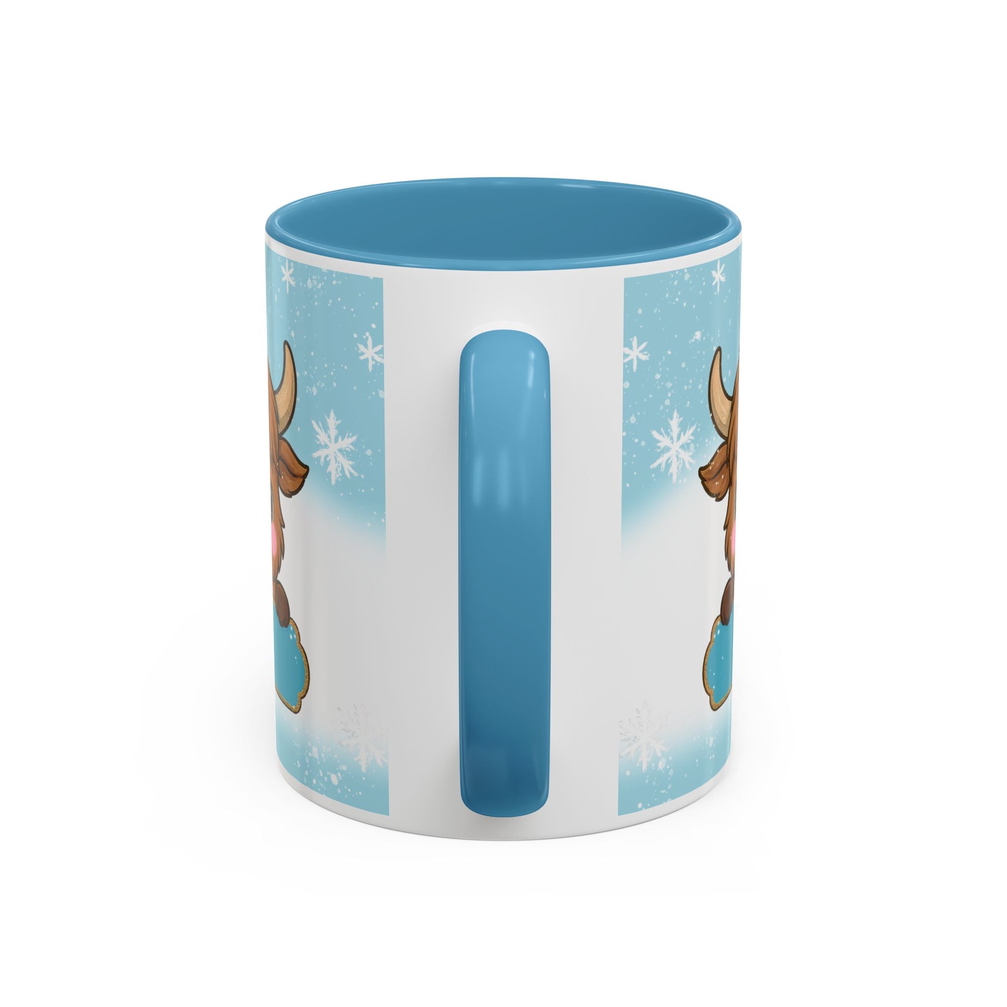 Cute Highland Cow Accent Coffee Mug — Winter Snowflake Design