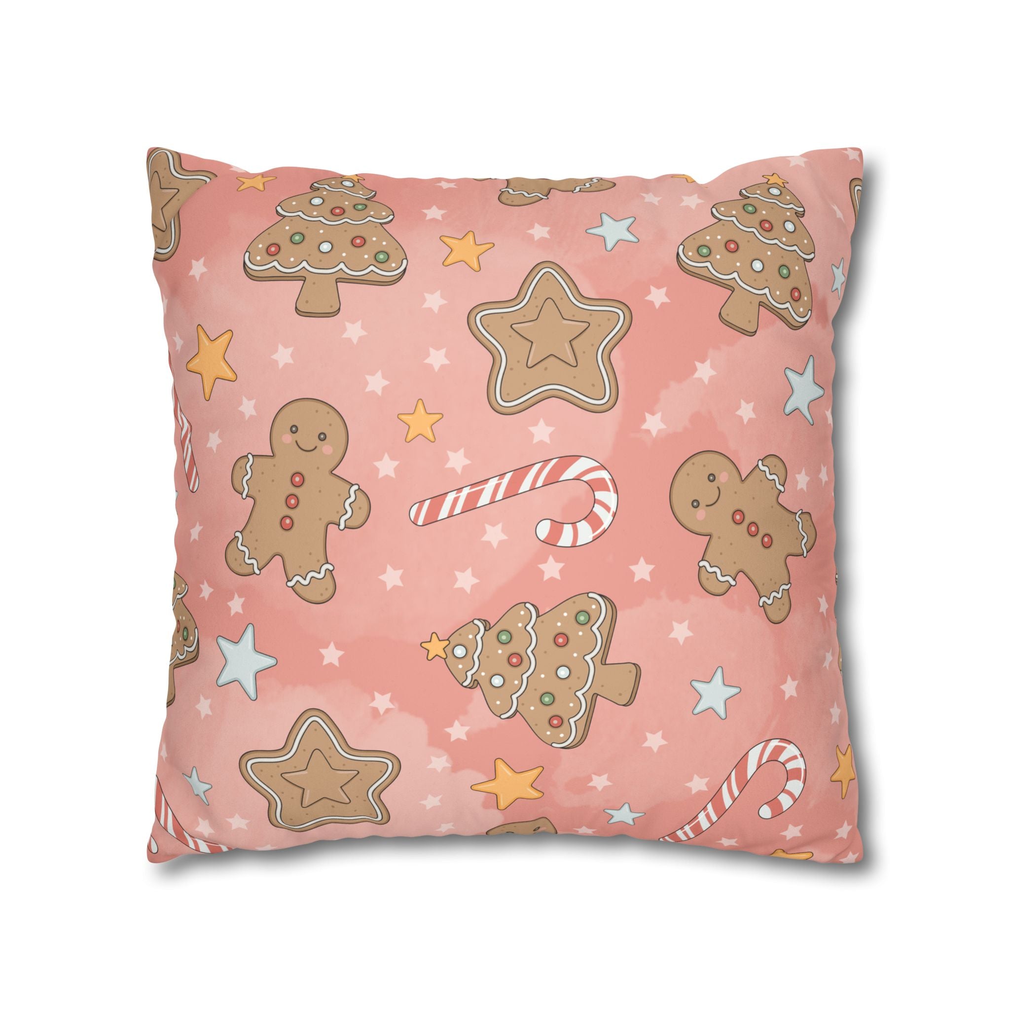 Gingerbread Cookies Pink Holiday Throw Pillow Cover — Faux Suede Square Pillowcase