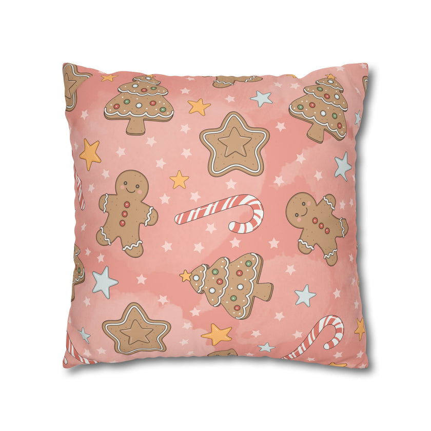 Gingerbread Cookies Pink Holiday Throw Pillow Cover — Faux Suede Square Pillowcase
