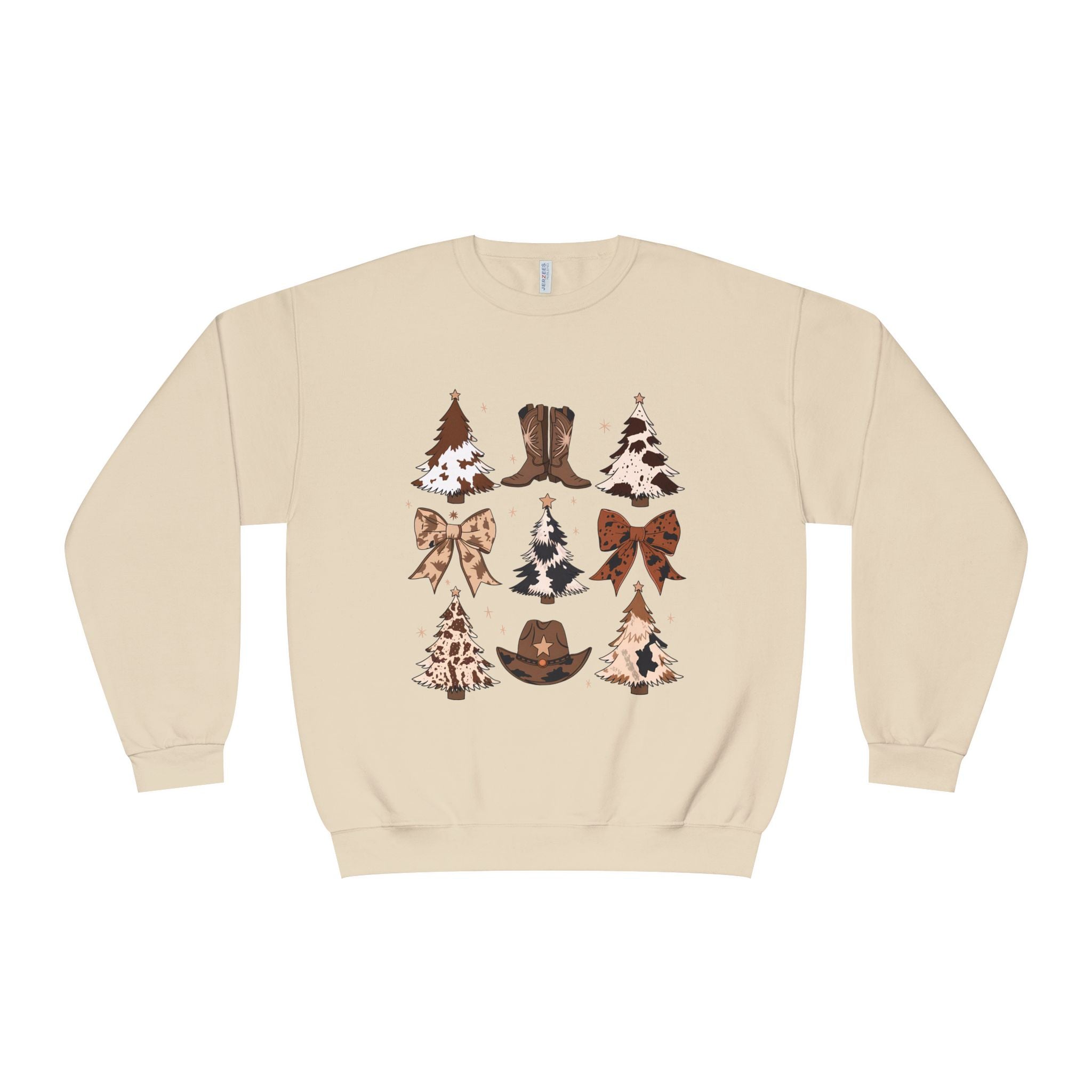 Christmas Cowboy/Cowgirl Sweatshirt — Western Cowhide Trees & Boots Holiday Crewneck