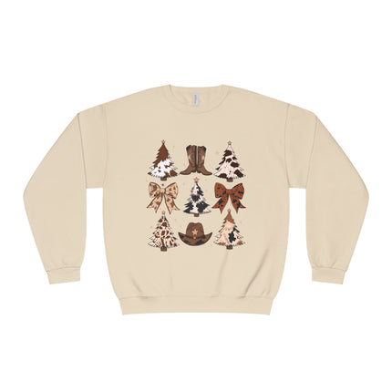 Christmas Cowboy/Cowgirl Sweatshirt — Western Cowhide Trees & Boots Holiday Crewneck