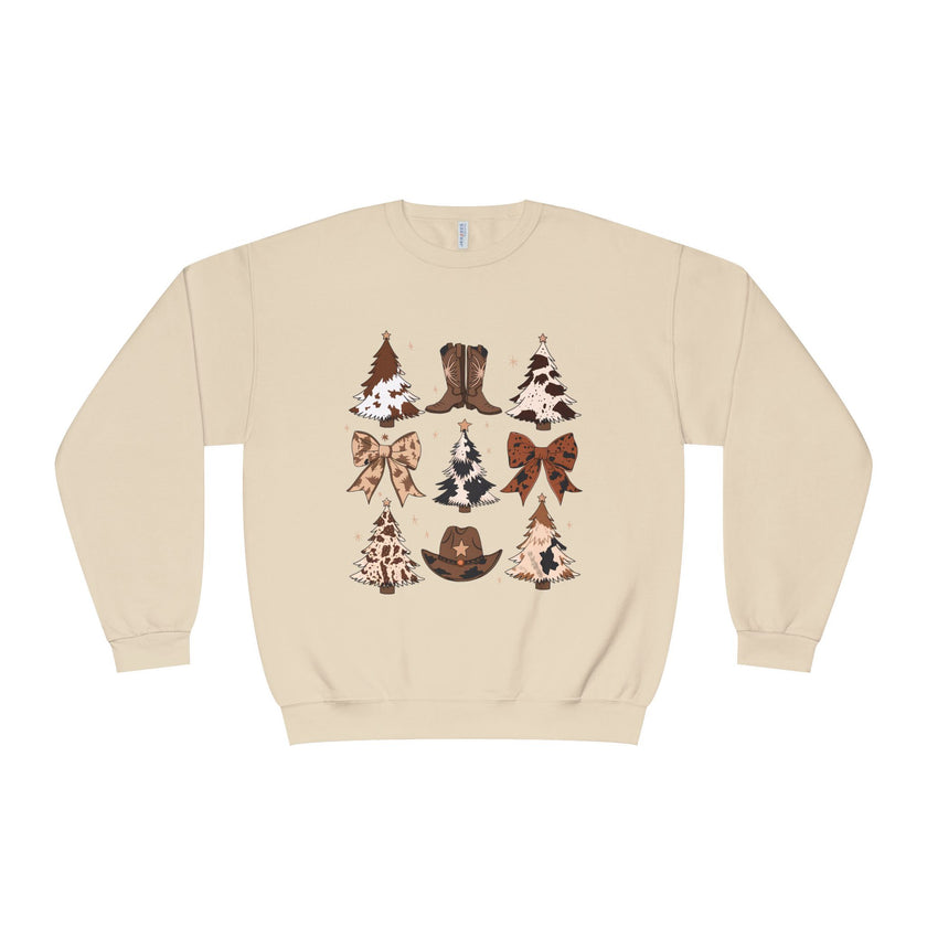 Christmas Cowboy/Cowgirl Sweatshirt — Western Cowhide Trees & Boots Holiday Crewneck