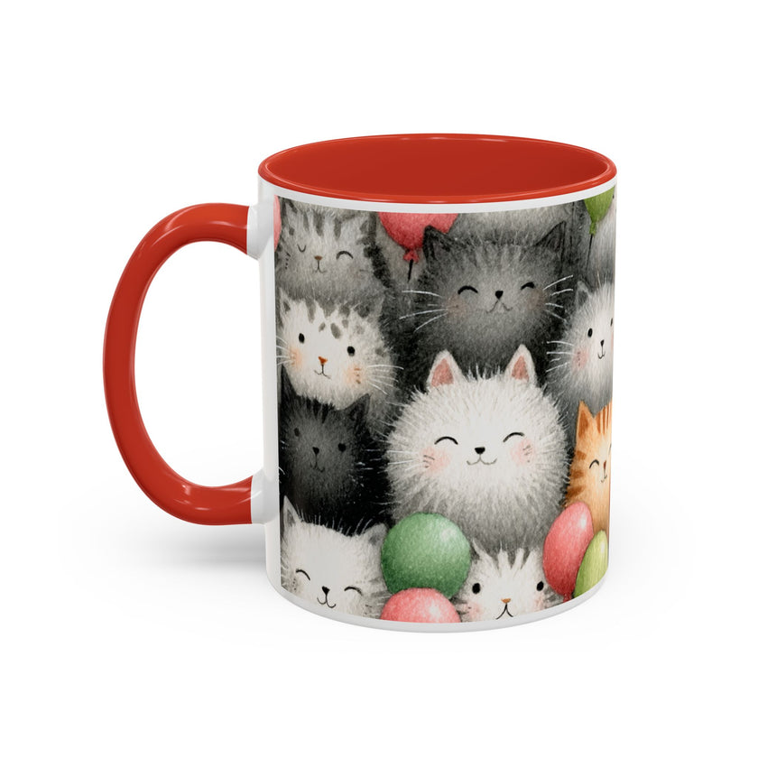 Cute Cat Pattern Accent Coffee Mug — Happy Kittens with Balloons (11/15 oz)