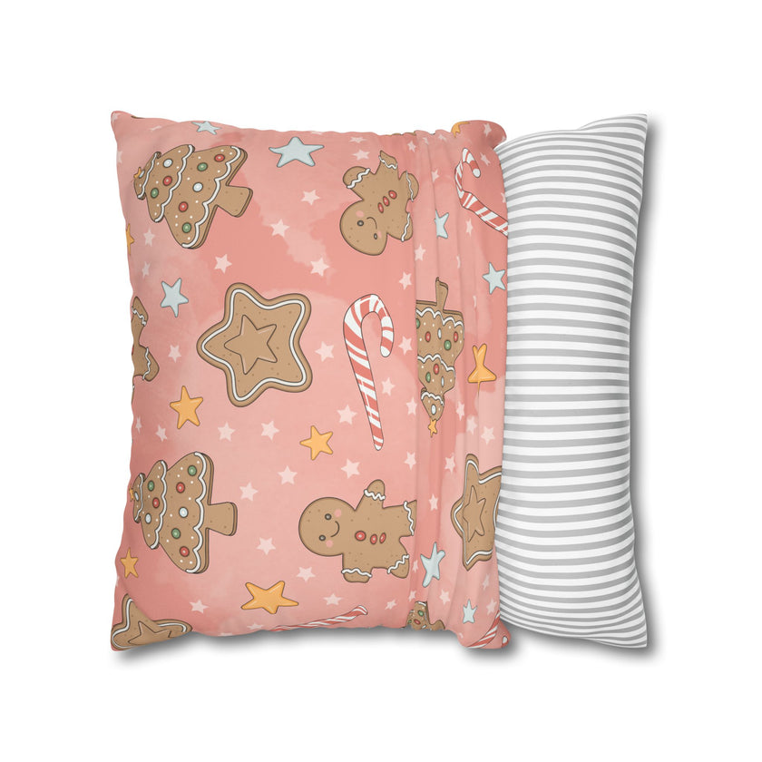 Gingerbread Cookies Pink Holiday Throw Pillow Cover — Faux Suede Square Pillowcase