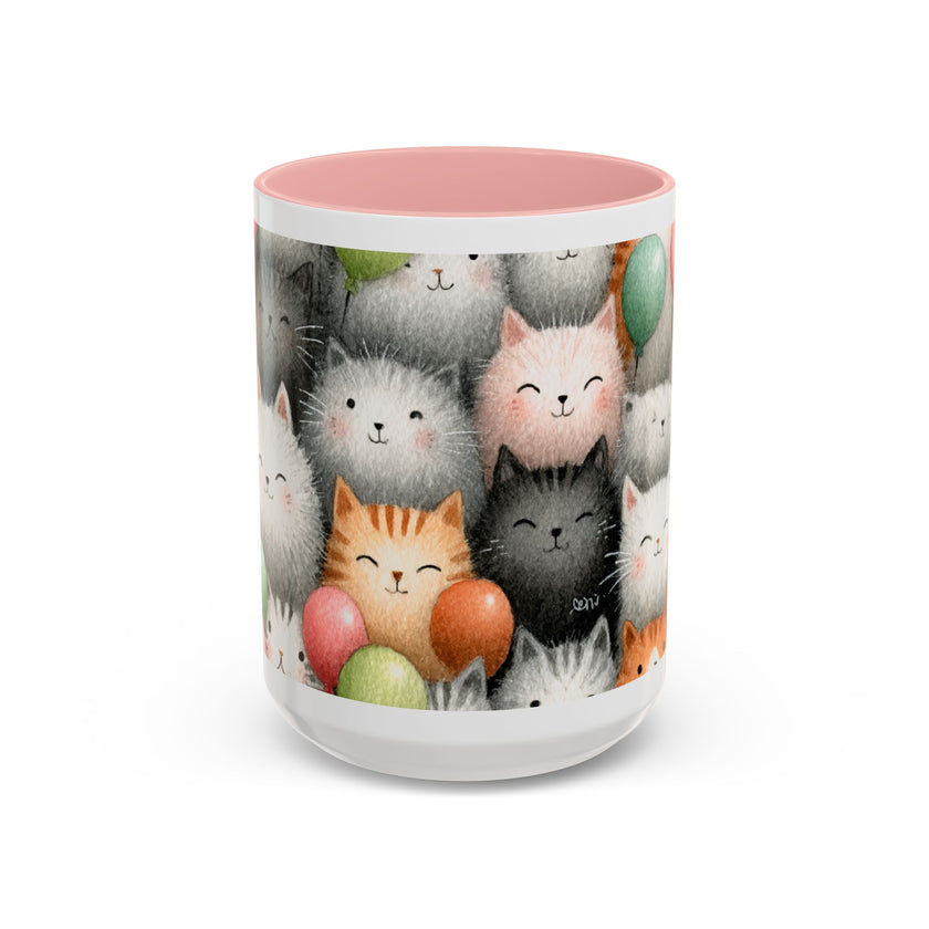 Cute Cat Pattern Accent Coffee Mug — Happy Kittens with Balloons (11/15 oz)