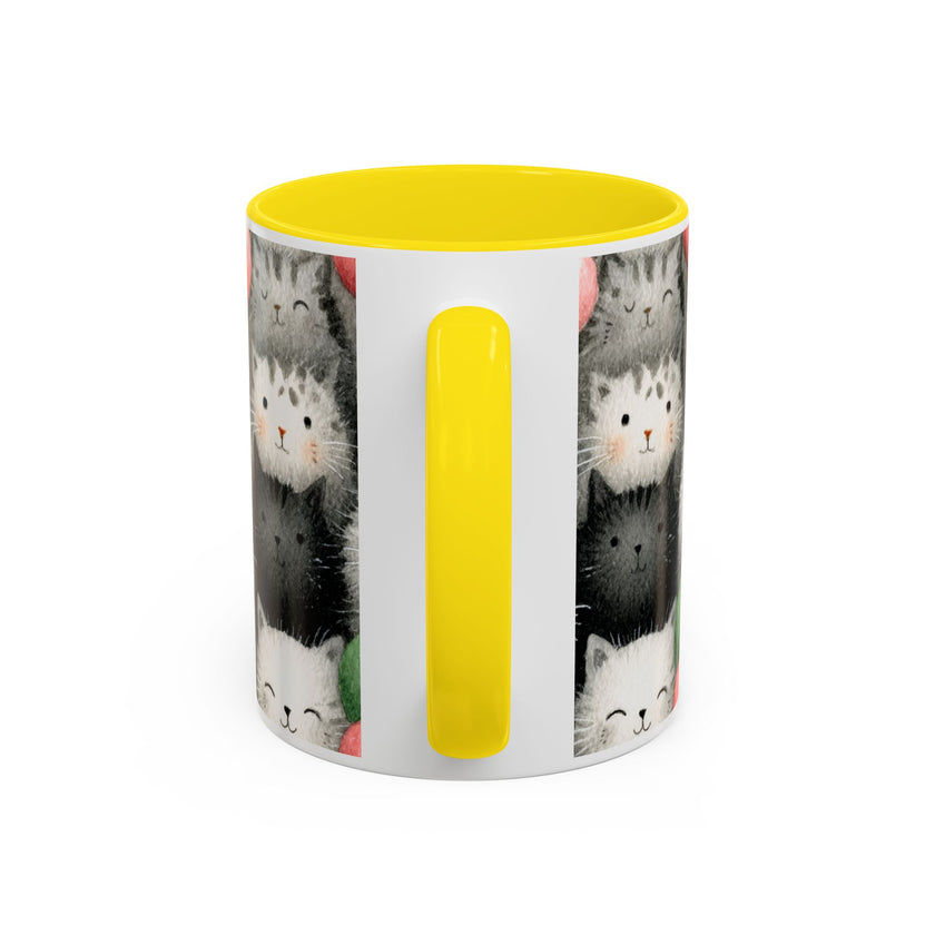 Cute Cat Pattern Accent Coffee Mug — Happy Kittens with Balloons (11/15 oz)