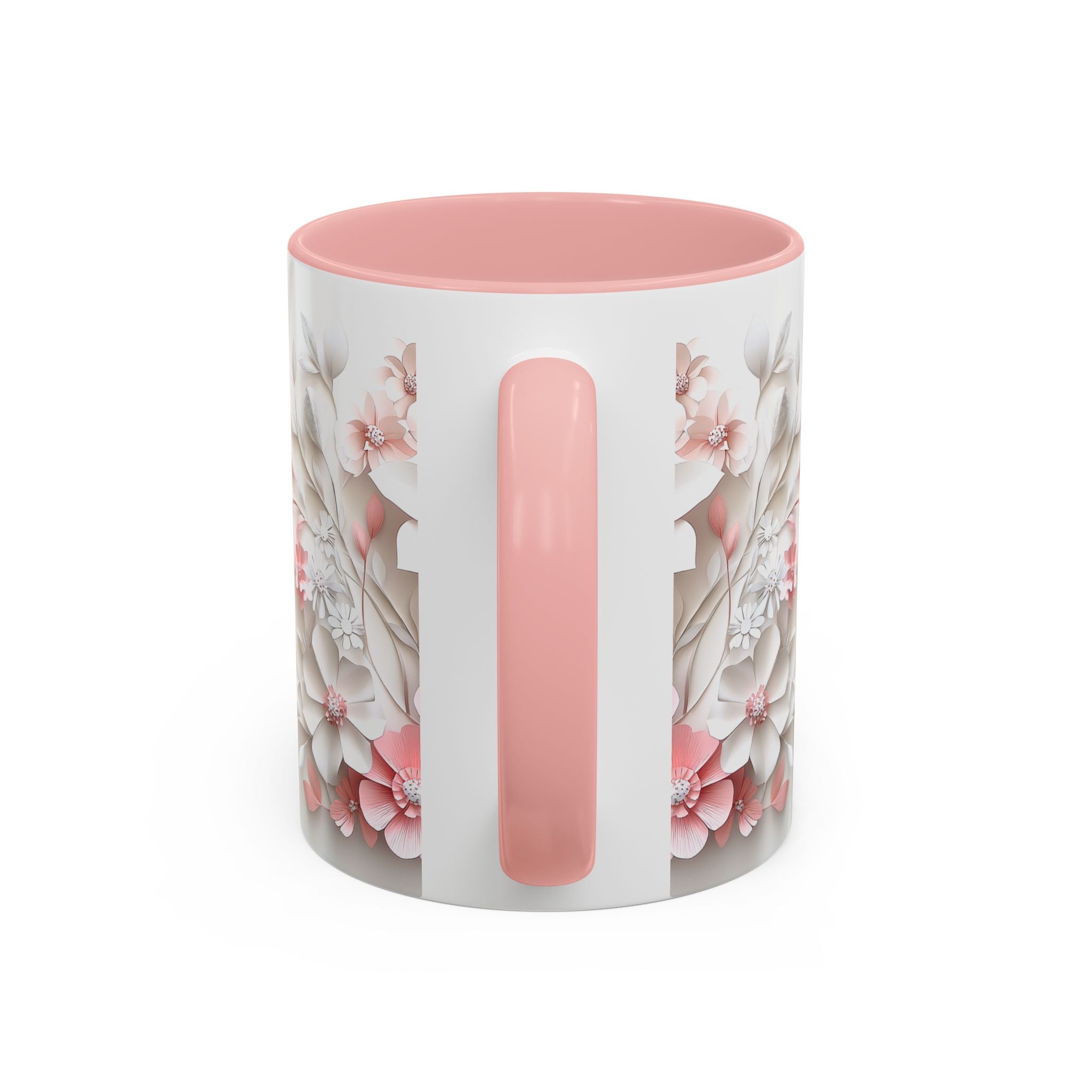 Floral Paper-Cut Accent Coffee Mug — Pink & White Blossom Design (11/15 oz)