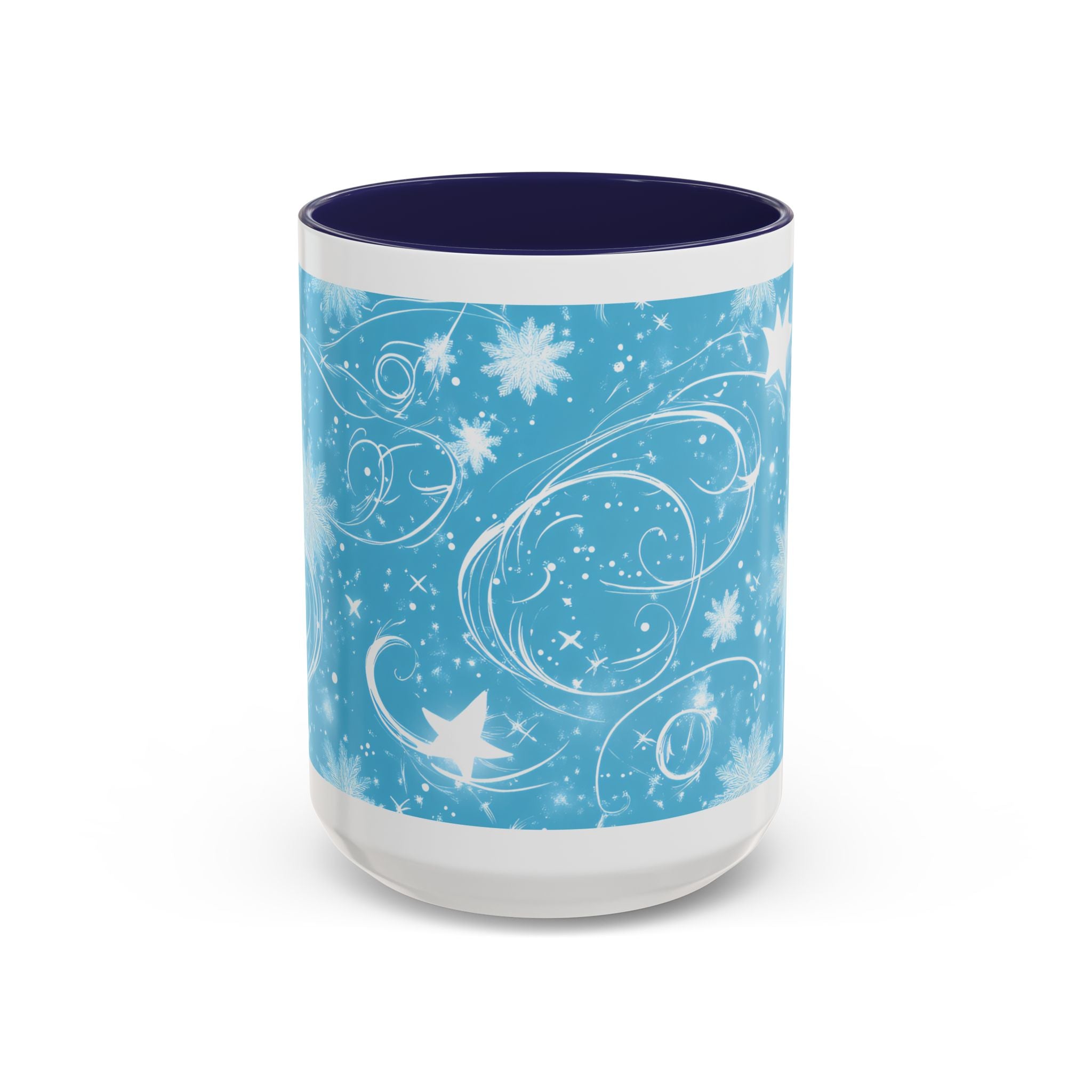 Snowflake Swirl Accent Coffee Mug — Blue Winter Holiday Ceramic Mug (11/15oz)