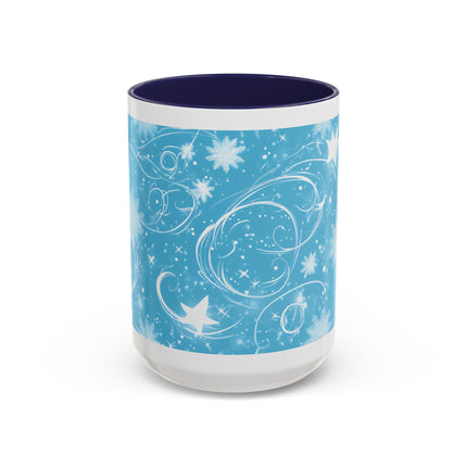 Snowflake Swirl Accent Coffee Mug — Blue Winter Holiday Ceramic Mug (11/15oz)