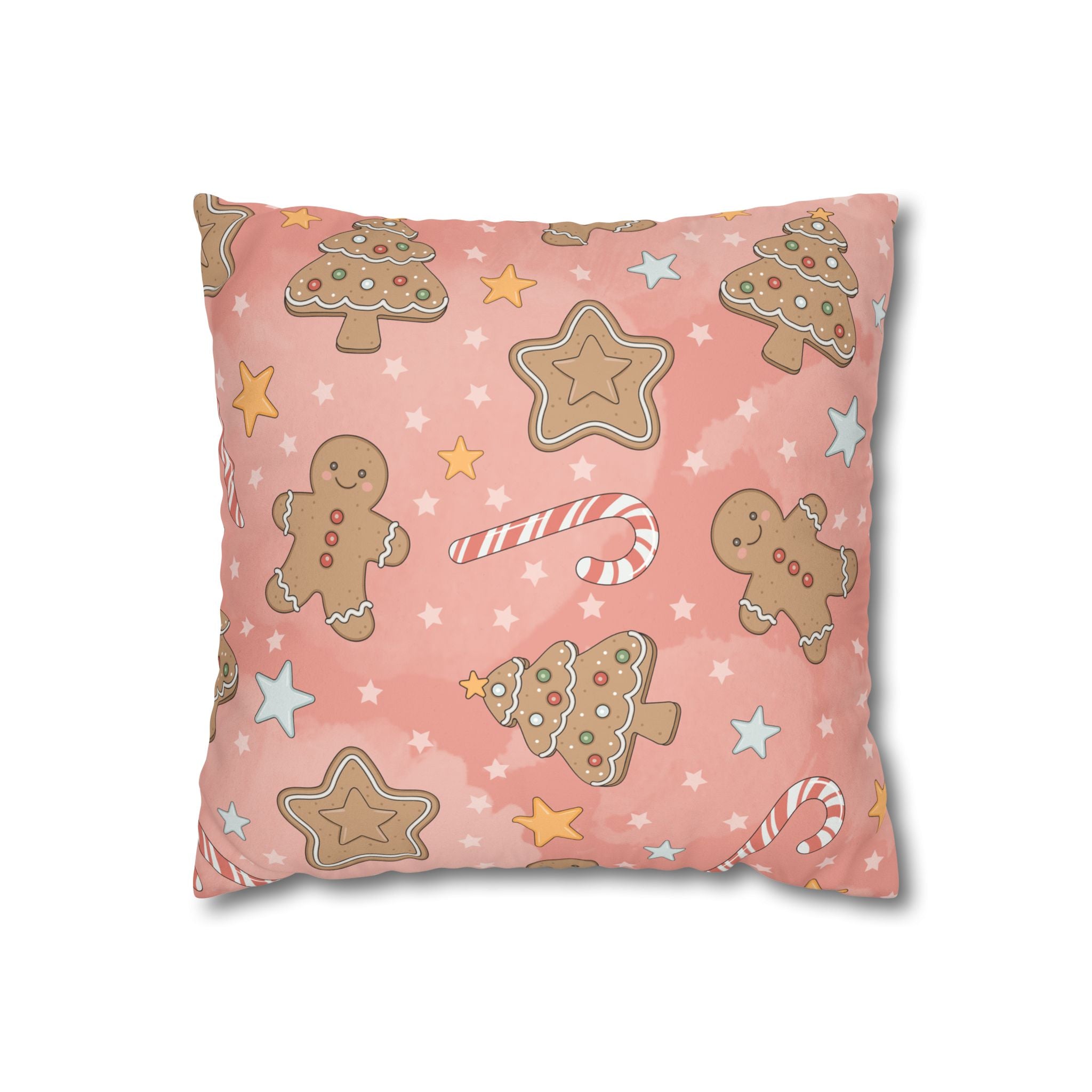 Gingerbread Cookies Pink Holiday Throw Pillow Cover — Faux Suede Square Pillowcase