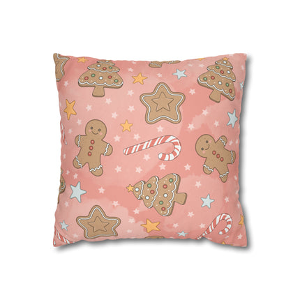 Gingerbread Cookies Pink Holiday Throw Pillow Cover — Faux Suede Square Pillowcase