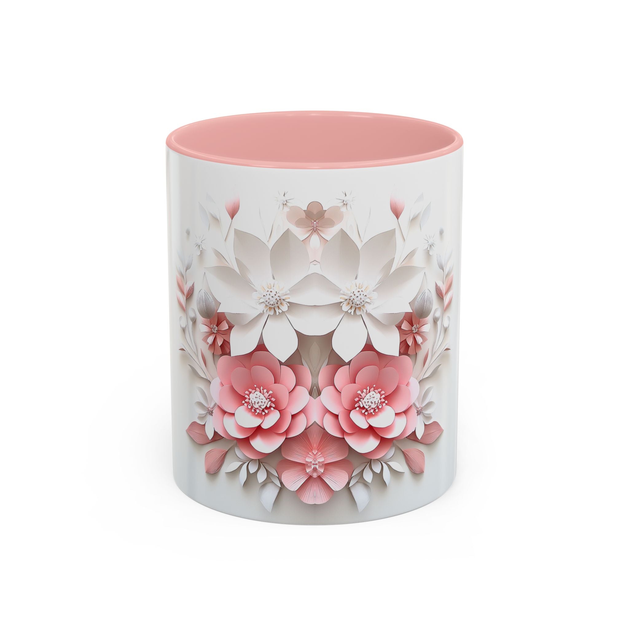 Floral Paper-Cut Accent Coffee Mug — Pink & White Blossom Design (11/15 oz)