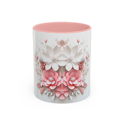 Floral Paper-Cut Accent Coffee Mug — Pink & White Blossom Design (11/15 oz)