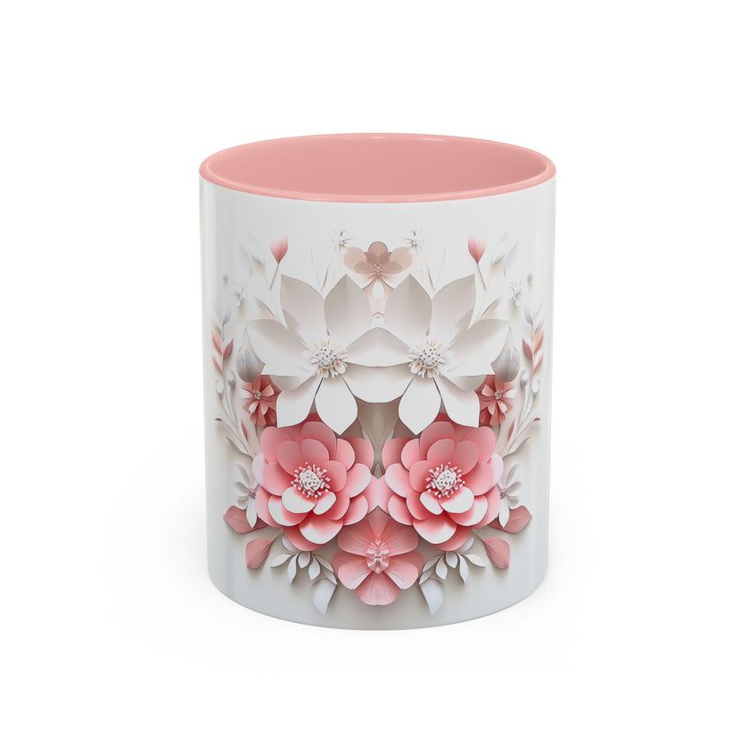 Floral Paper-Cut Accent Coffee Mug — Pink & White Blossom Design (11/15 oz)