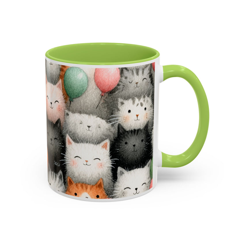 Cute Cat Pattern Accent Coffee Mug — Happy Kittens with Balloons (11/15 oz)