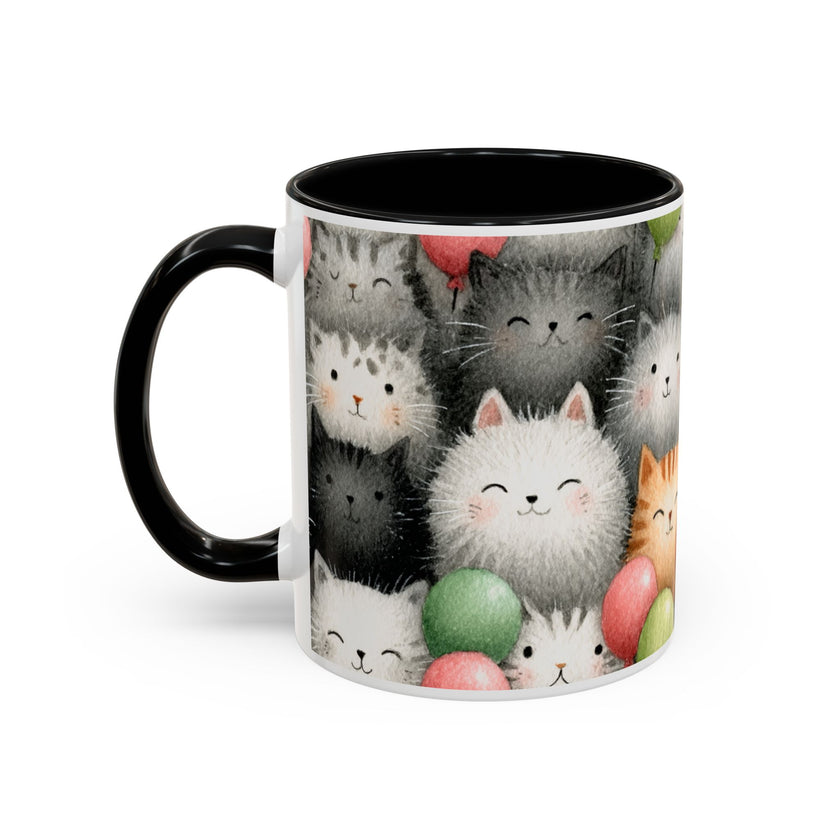 Cute Cat Pattern Accent Coffee Mug — Happy Kittens with Balloons (11/15 oz)